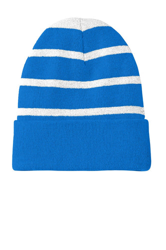 sport tek striped beanie with solid band sport blue silver