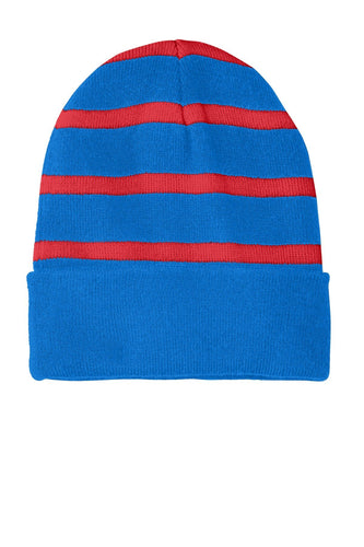 sport tek striped beanie with solid band sport blue true red