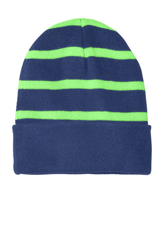 sport tek striped beanie with solid band team navy flash green