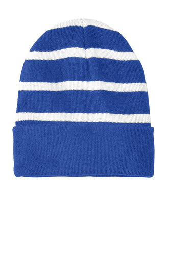 sport tek striped beanie with solid band true royal white