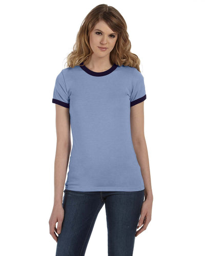 bella + canvas ladies jersey short sleeve ringer t-shirt b6050 hthr blue/ navy
