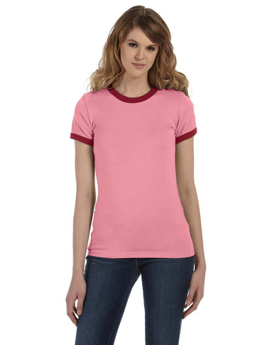 bella + canvas ladies jersey short sleeve ringer t-shirt b6050 hthr pink/ card