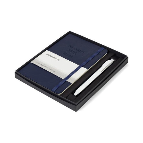 Moleskine medium notebook and go pen gift set navy blue
